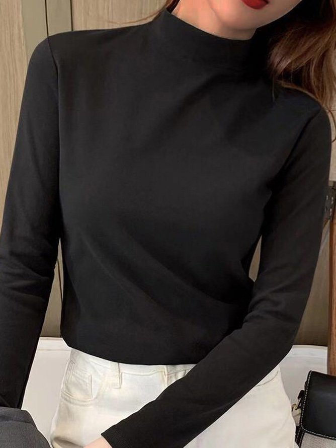 Casual Plain Mock Neck Long Sleeve T-shirt