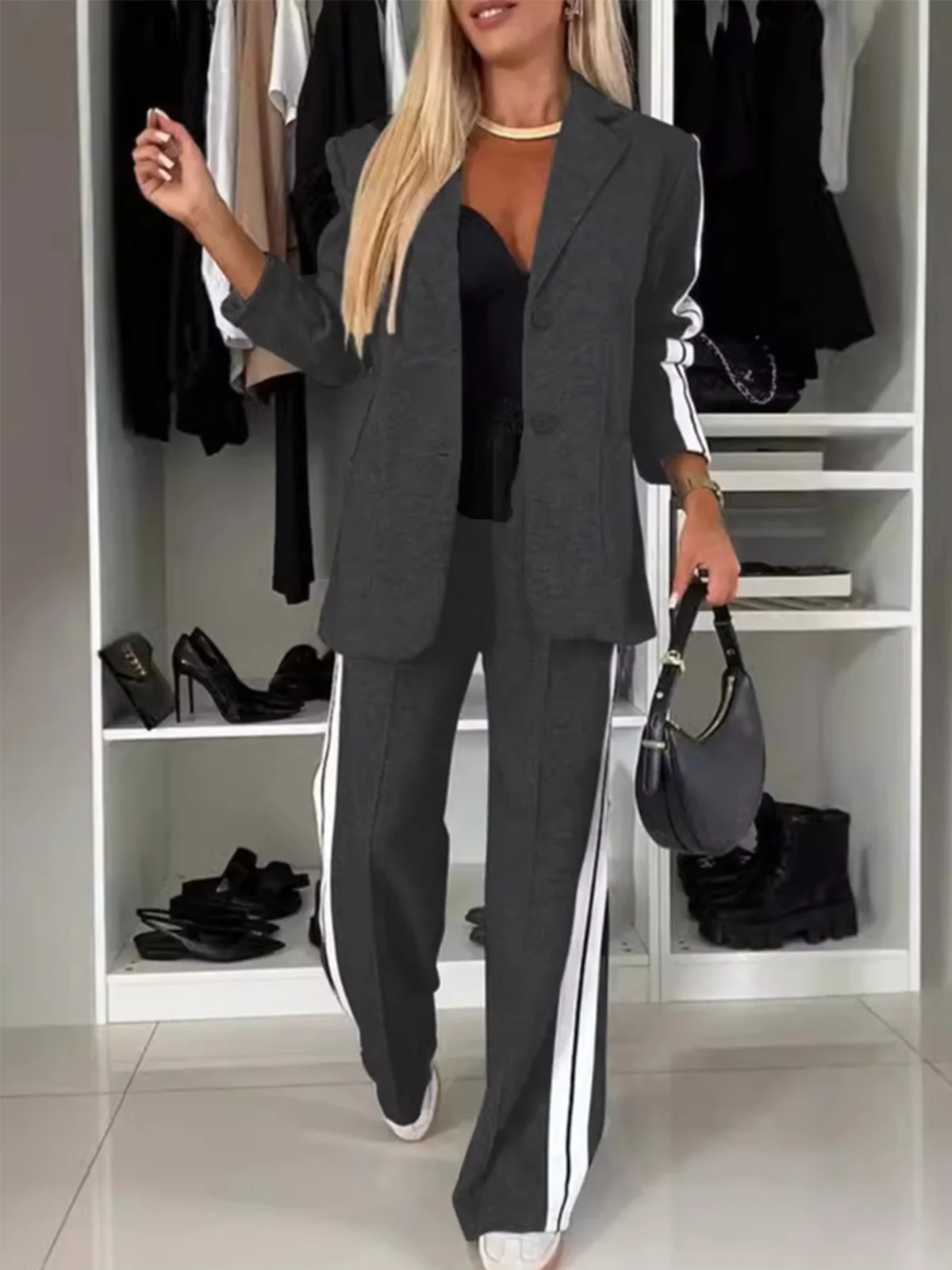 Women Plain Shawl Collar Long Sleeve Comfy Casual Coat With Pants Two-Piece Set