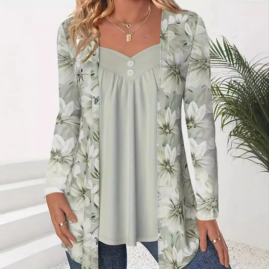 V Neck Long Sleeve Floral Hot Drilling Regular Micro-Elasticity Loose Blouse For Women