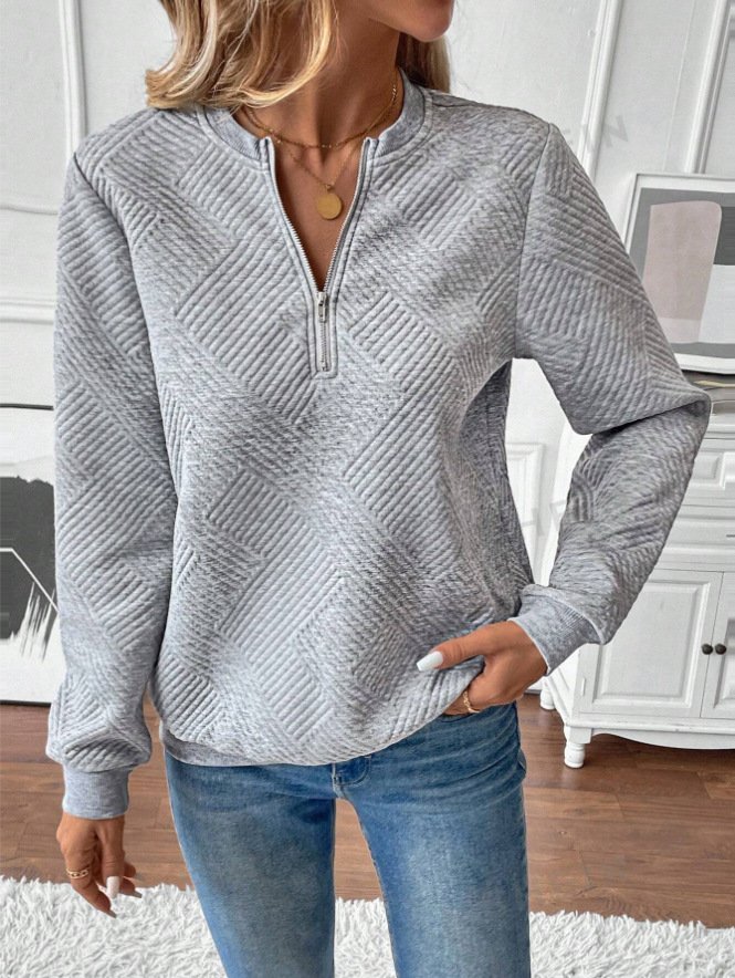 Casual Notched Plain Sweatshirt Zipper