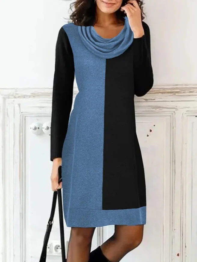 Women Color Block Turtleneck Long Sleeve Comfy Casual Mini Dress