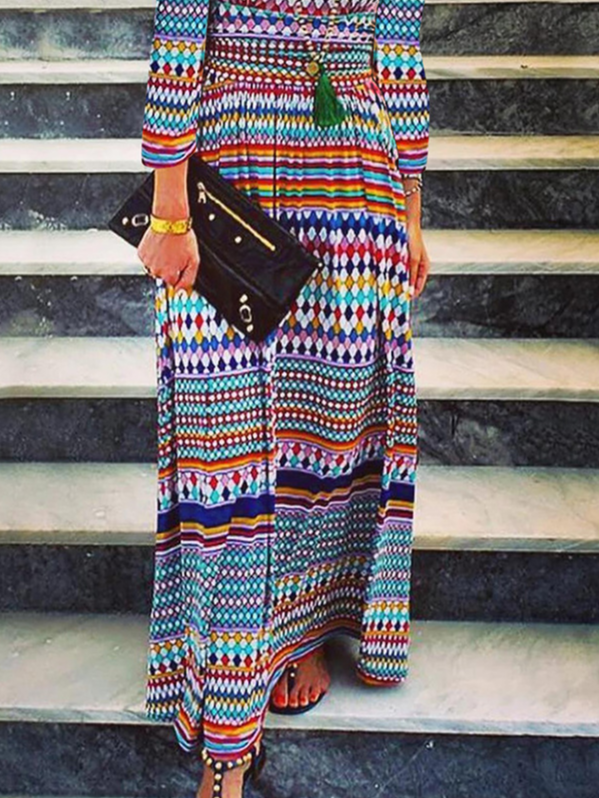 Women Striped Crew Neck Long Sleeve Comfy Casual Maxi Dress