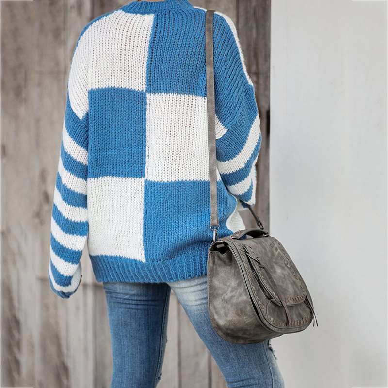 Women Yarn/Wool Yarn Plaid Long Sleeve Comfy Casual Sweater