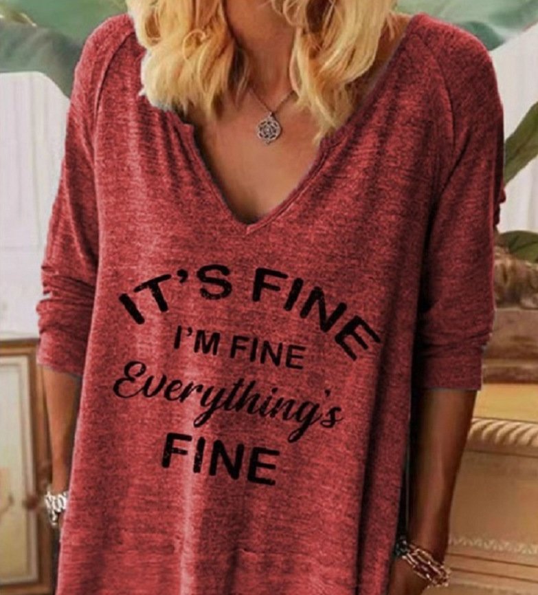 Casual Text Letters V Neck Long Sleeve T-shirt