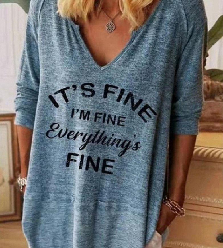 Casual Text Letters V Neck Long Sleeve T-shirt