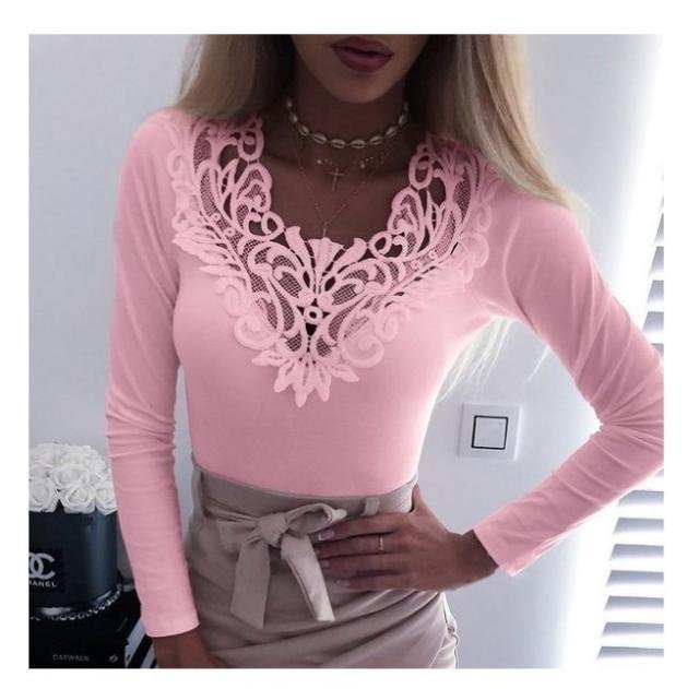 Crew Neck Long Sleeve Plain Lace Regular Micro-Elasticity Loose Blouse For Women