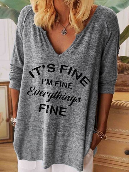 Casual Text Letters V Neck Long Sleeve T-shirt