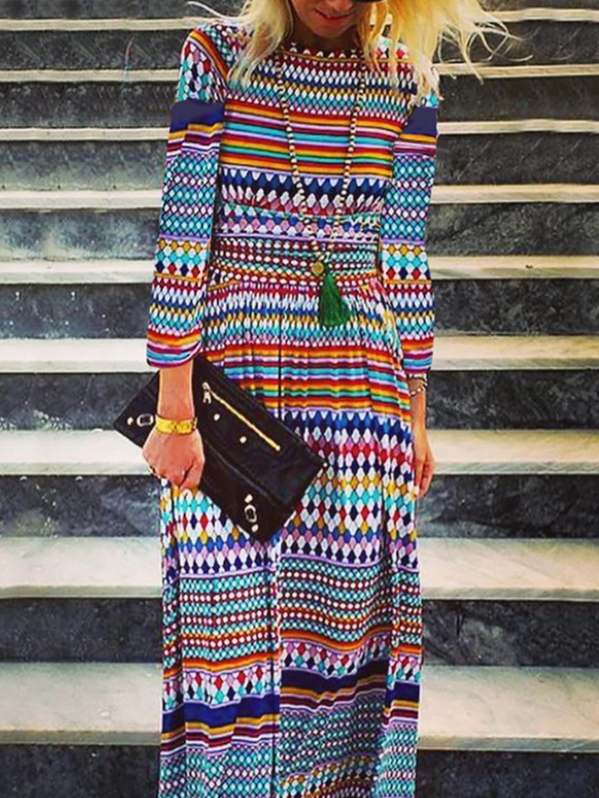 Women Striped Crew Neck Long Sleeve Comfy Casual Maxi Dress