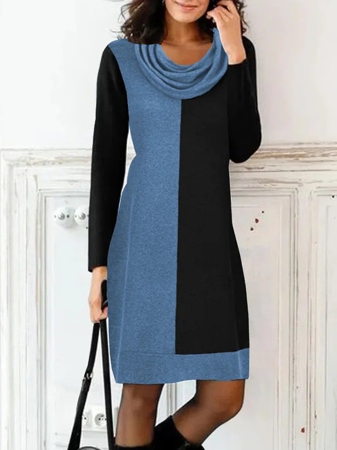 Women Color Block Turtleneck Long Sleeve Comfy Casual Mini Dress