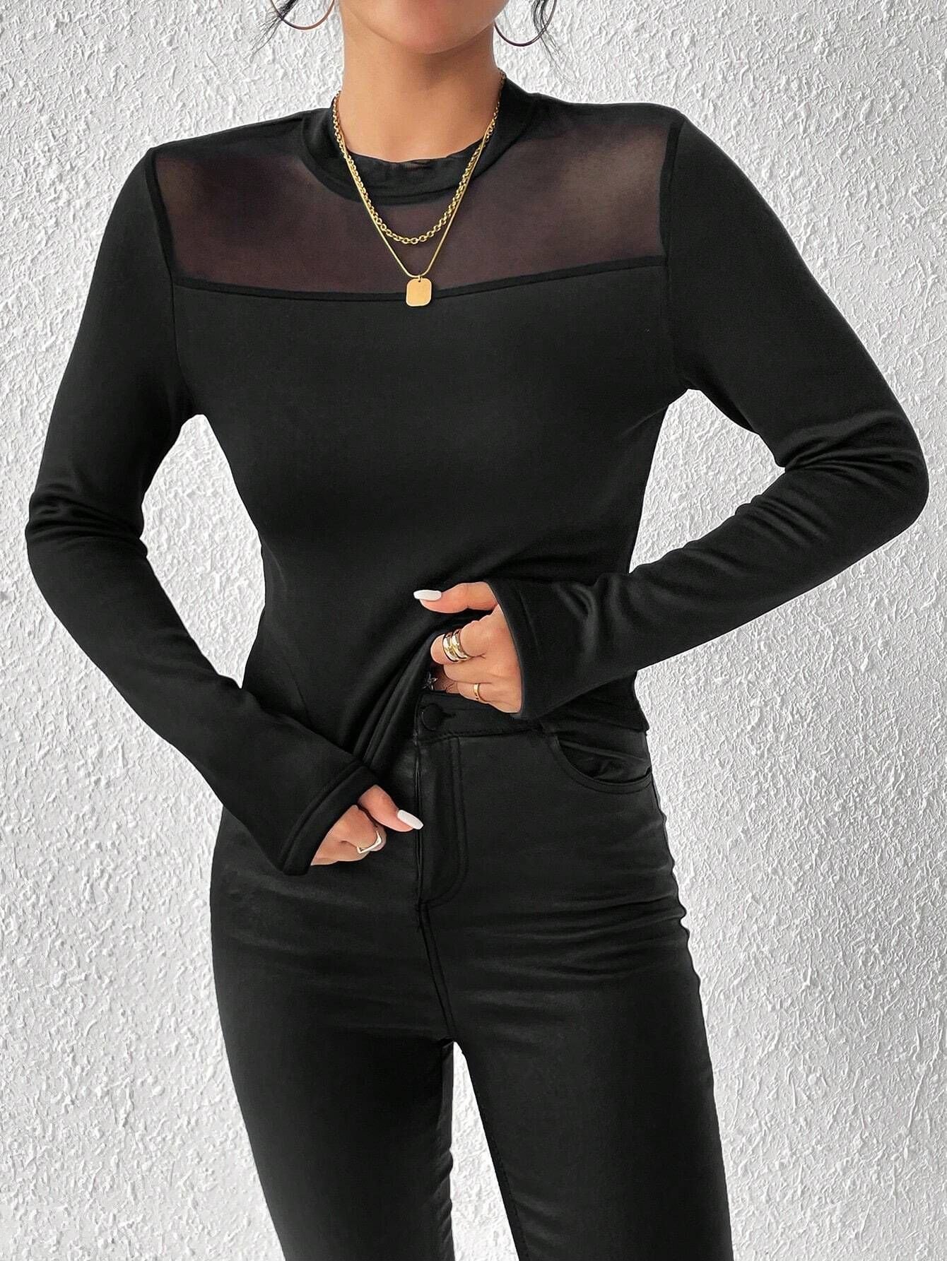 Crew Neck Long Sleeve Plain Lace Regular Micro-Elasticity Loose Blouse For Women