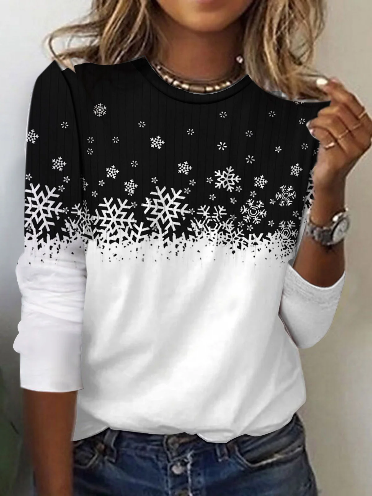 Casual Snowflake Crew Neck Long Sleeve T-shirt