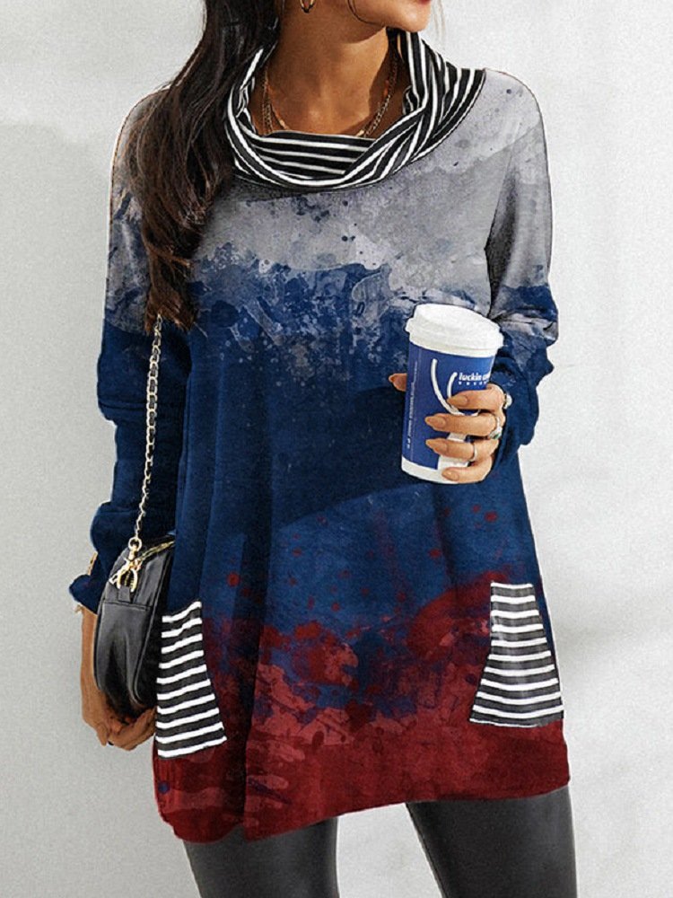 Crew Neck Long Sleeve Striped Lace Regular Micro-Elasticity Loose Blouse For Women