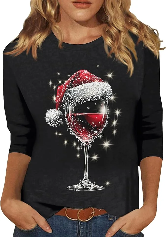 Crew Neck Long Sleeve Christmas Wine Glass Regular Medium Elasticity Loose Blouse For Women