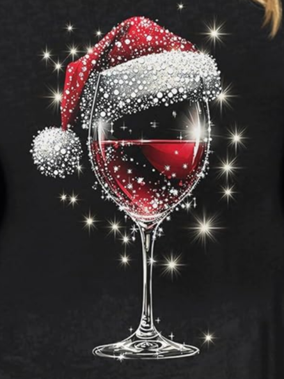 Crew Neck Long Sleeve Christmas Wine Glass Regular Medium Elasticity Loose Blouse For Women