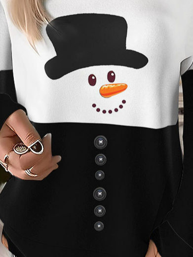 Casual Crew Neck Christmas Snowman Sweatshirt Printing