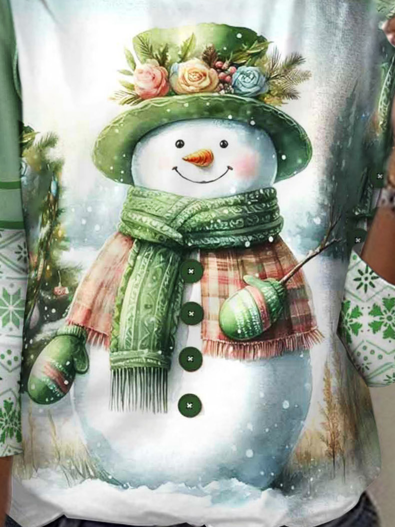 Casual Christmas Snowman Crew Neck Long Sleeve T-shirt