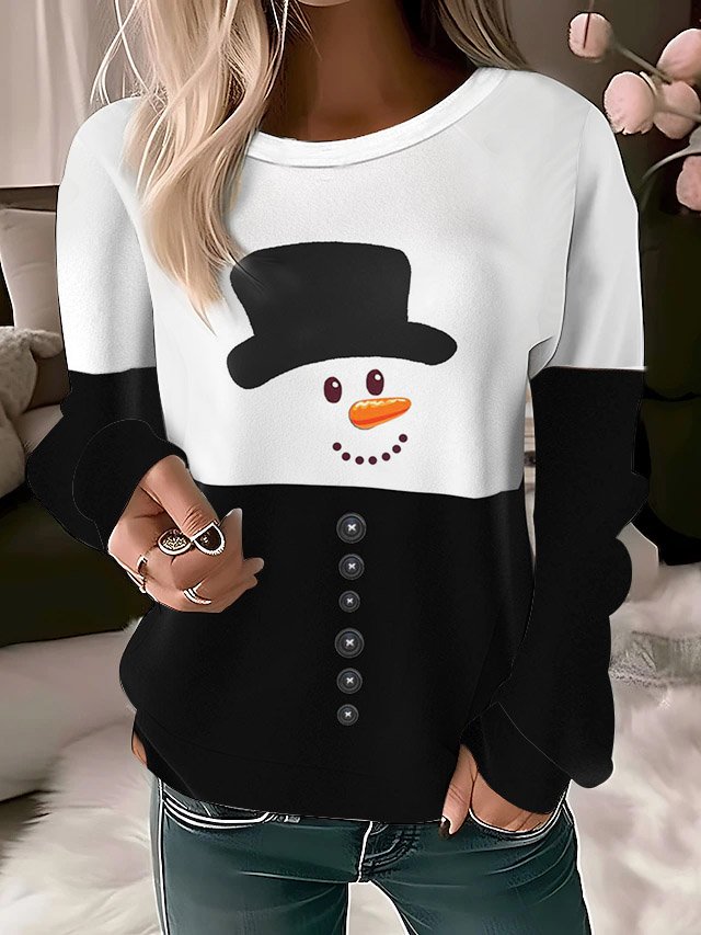 Casual Crew Neck Christmas Snowman Sweatshirt Printing