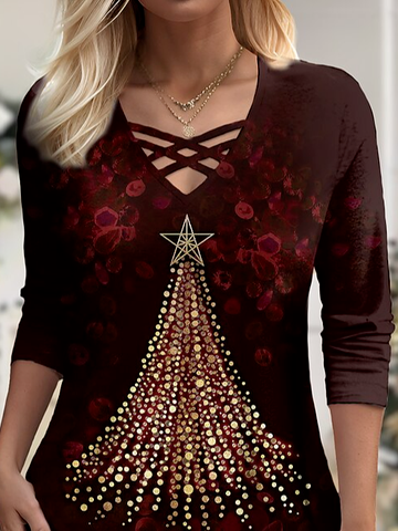 V Neck Long Sleeve Christmas Lace Regular Micro-Elasticity Loose Blouse For Women