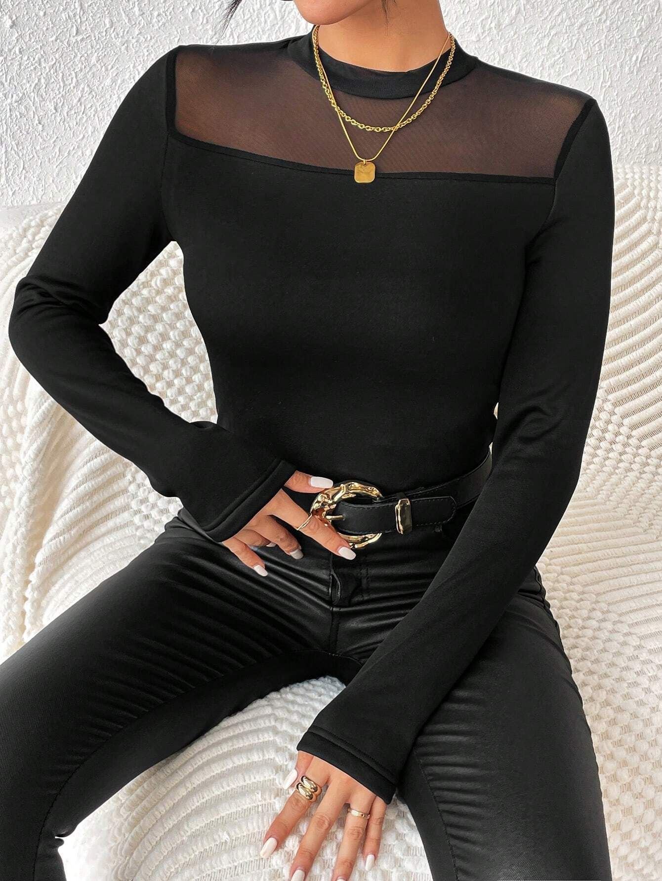 Crew Neck Long Sleeve Plain Lace Regular Micro-Elasticity Loose Blouse For Women