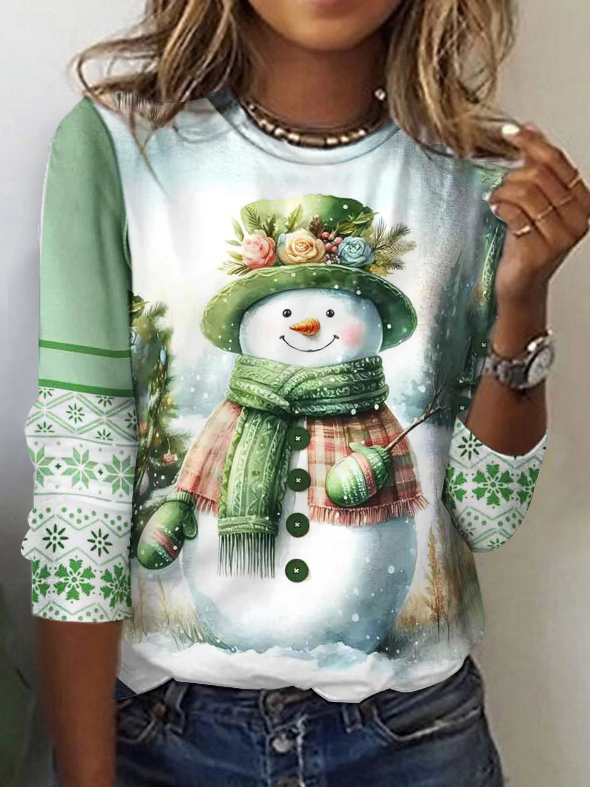 Casual Christmas Snowman Crew Neck Long Sleeve T-shirt