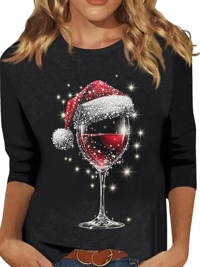 Crew Neck Long Sleeve Christmas Wine Glass Regular Medium Elasticity Loose Blouse For Women