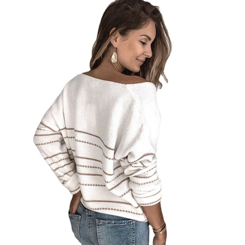 Women Yarn/Wool Yarn Striped Long Sleeve Comfy Casual Sweater