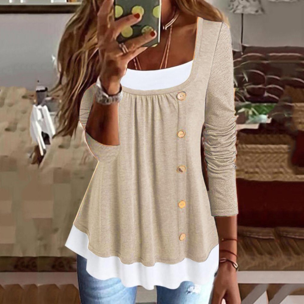 Crew Neck Long Sleeve Color Block Lace Regular Micro-Elasticity Loose Blouse For Women