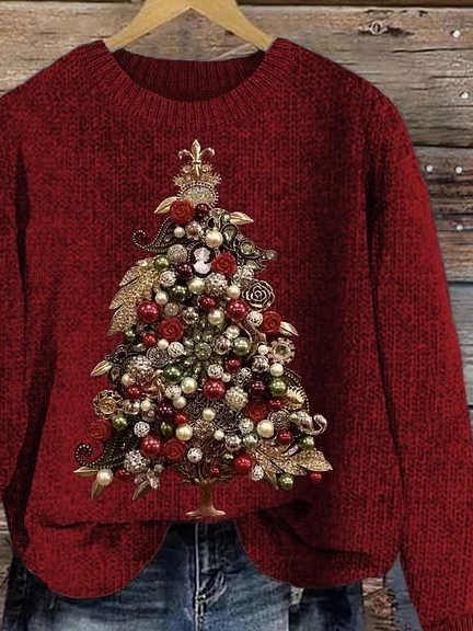 Women Knitted Christmas Tree Long Sleeve Comfy Casual Sweater