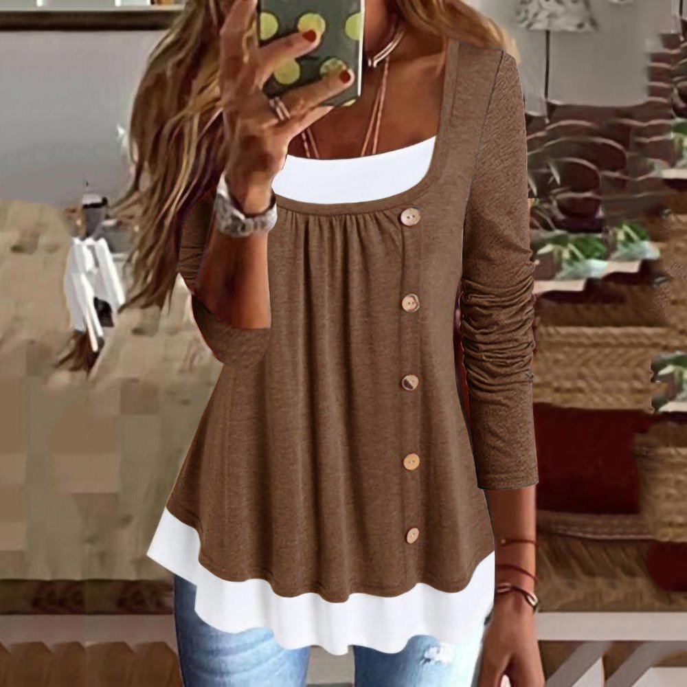 Crew Neck Long Sleeve Color Block Lace Regular Micro-Elasticity Loose Blouse For Women