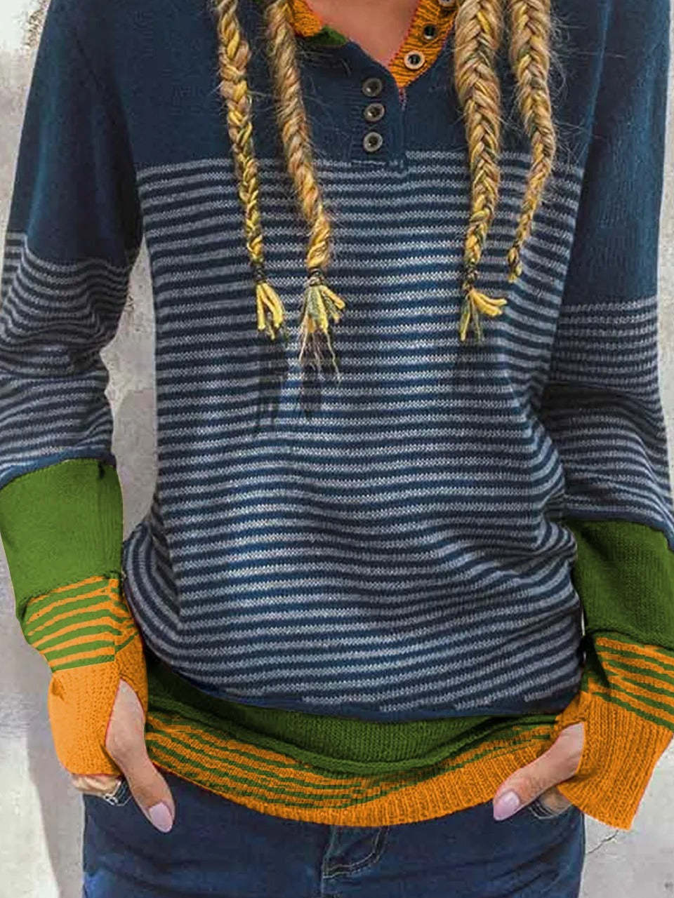 Women Yarn/Wool Yarn Striped Long Sleeve Comfy Casual Sweater