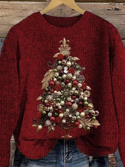 Women Knitted Christmas Tree Long Sleeve Comfy Casual Sweater