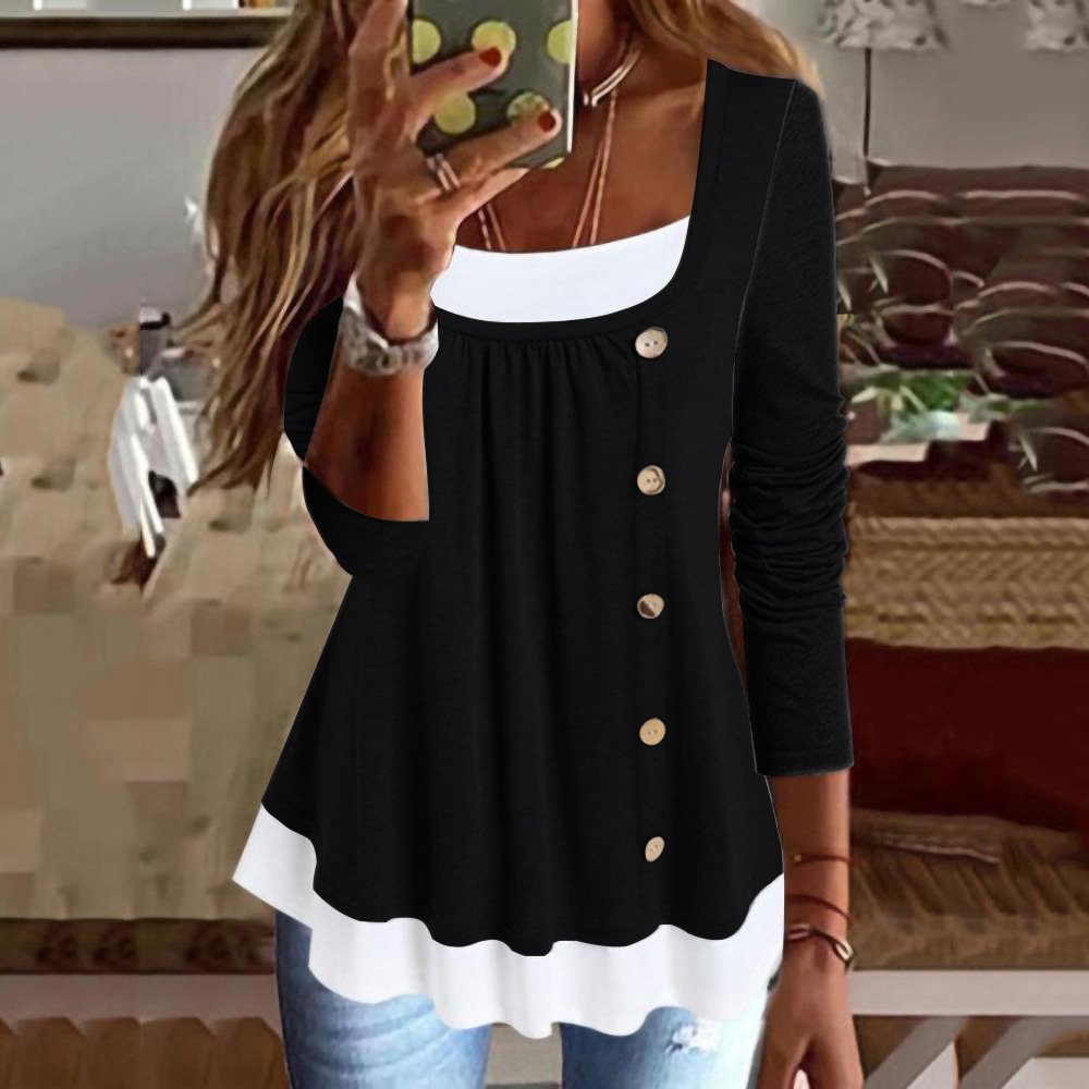 Crew Neck Long Sleeve Color Block Lace Regular Micro-Elasticity Loose Blouse For Women