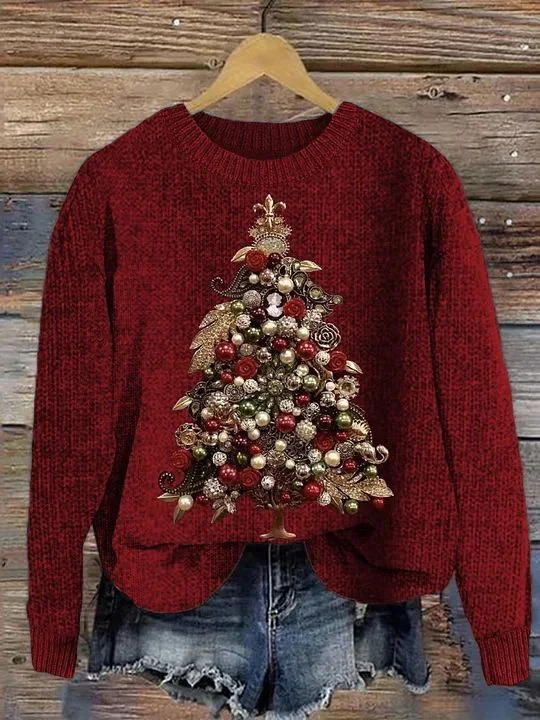 Women Knitted Christmas Tree Long Sleeve Comfy Casual Sweater