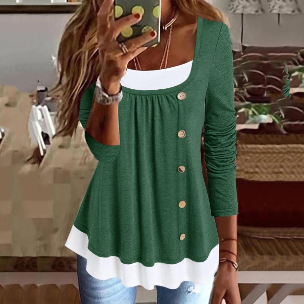 Crew Neck Long Sleeve Color Block Lace Regular Micro-Elasticity Loose Blouse For Women