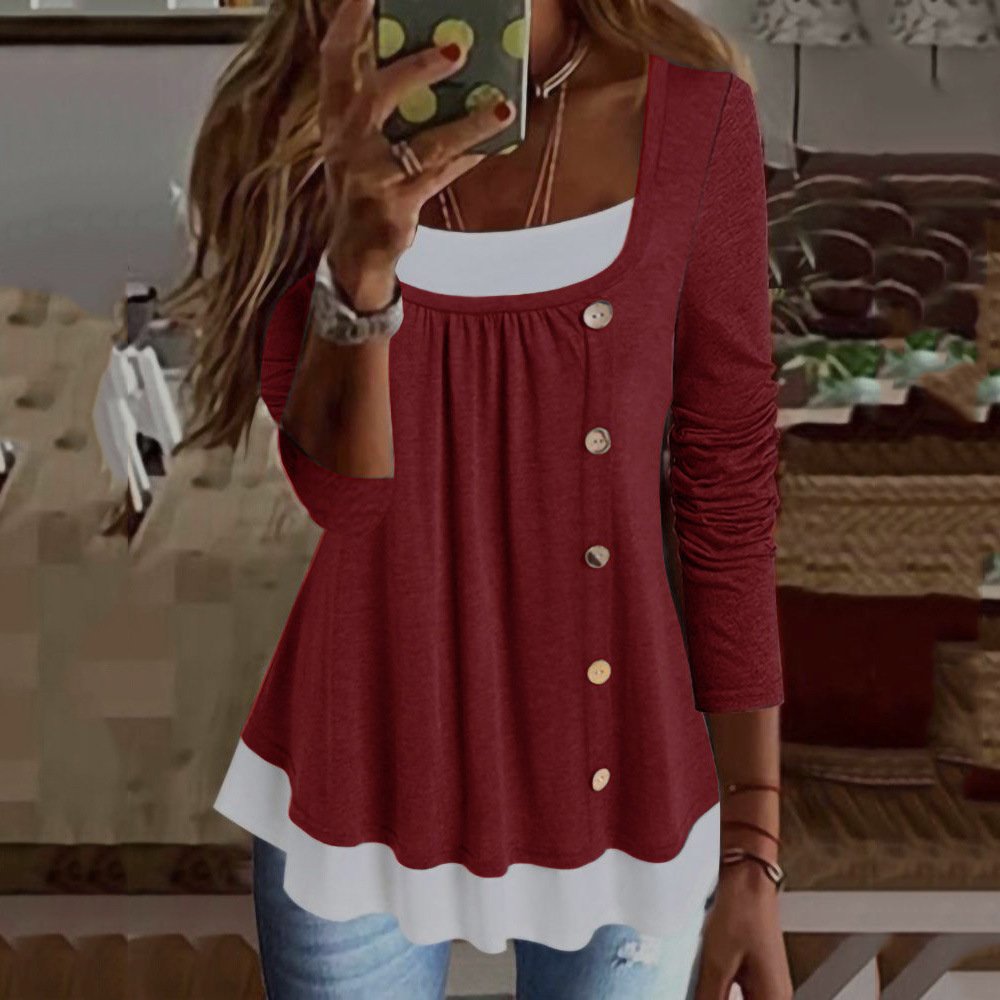 Crew Neck Long Sleeve Color Block Lace Regular Micro-Elasticity Loose Blouse For Women