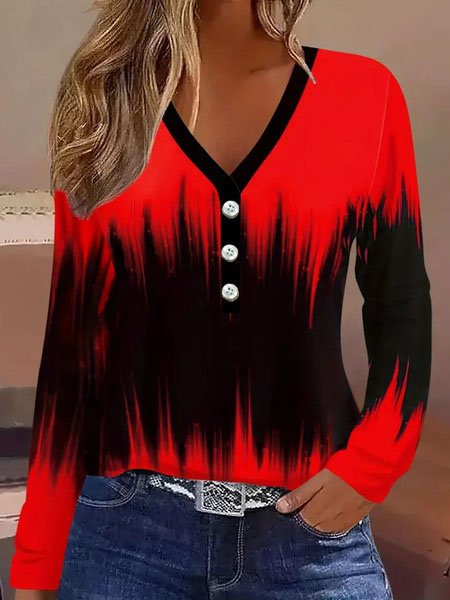 Casual Ombre V Neck Long Sleeve T-shirt