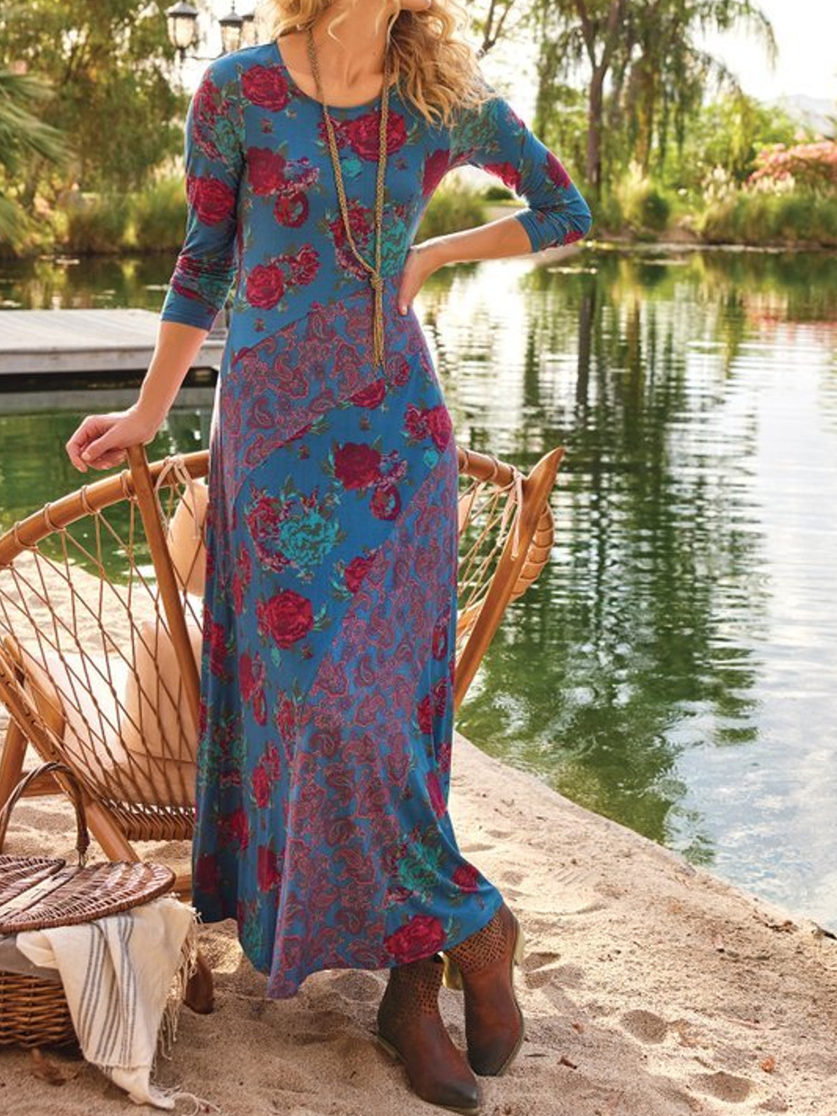 Women Floral Crew Neck Long Sleeve Comfy Casual Maxi Dress