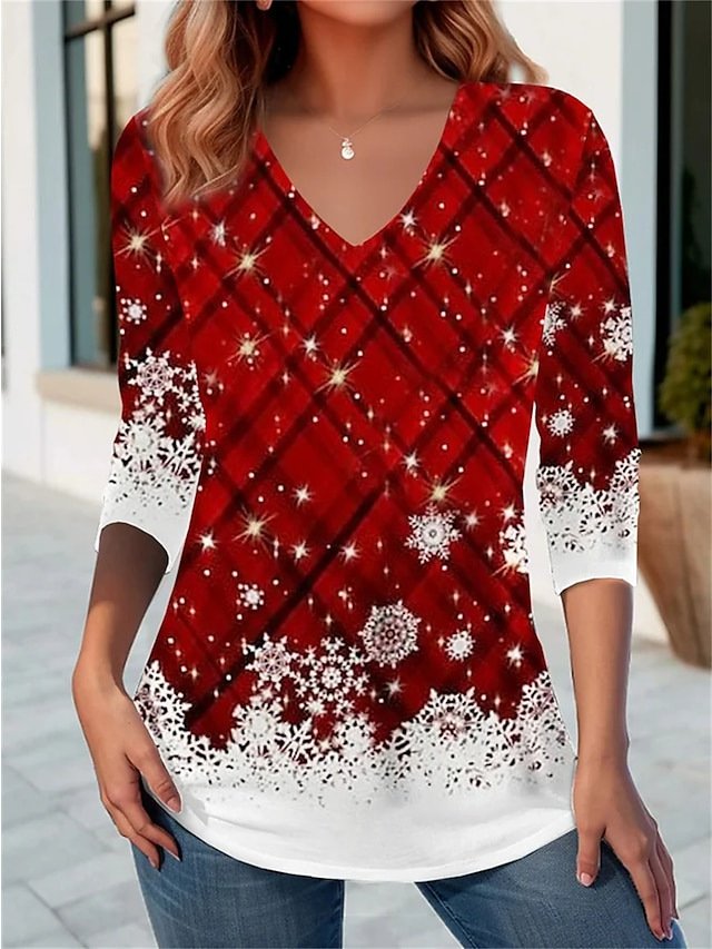 Casual Christmas V Neck Long Sleeve T-shirt