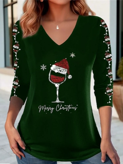 Casual Christmas V Neck Long Sleeve T-shirt