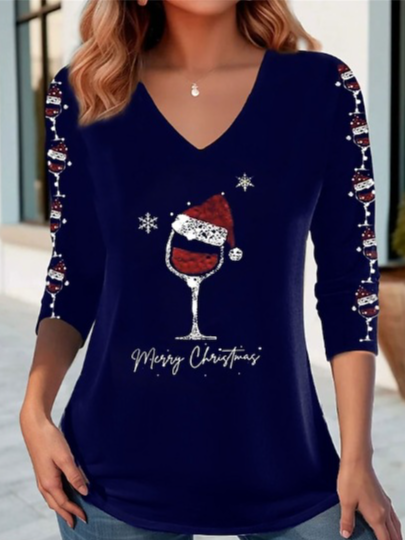 Casual Christmas V Neck Long Sleeve T-shirt