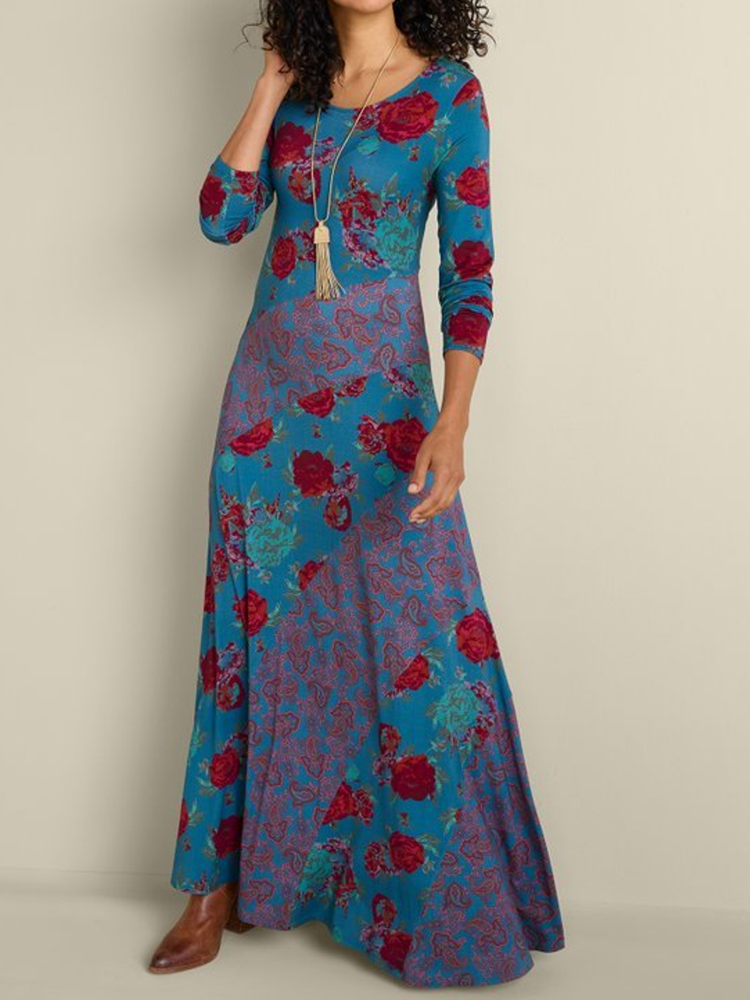 Women Floral Crew Neck Long Sleeve Comfy Casual Maxi Dress