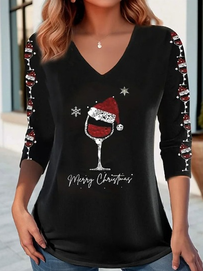 Casual Christmas V Neck Long Sleeve T-shirt