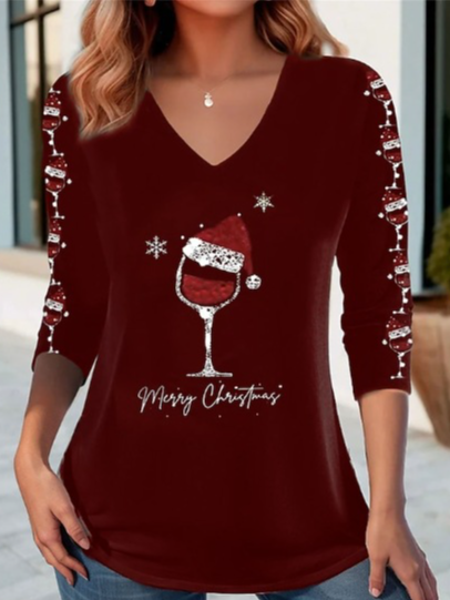 Casual Christmas V Neck Long Sleeve T-shirt