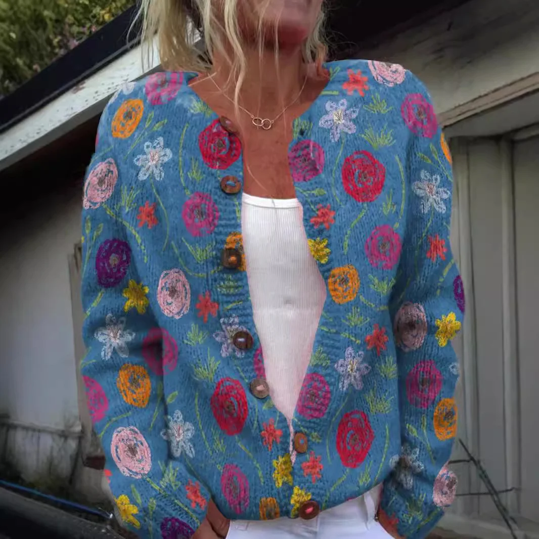 Women Knitted 3D Printing Long Sleeve Comfy Vintage Cardigan