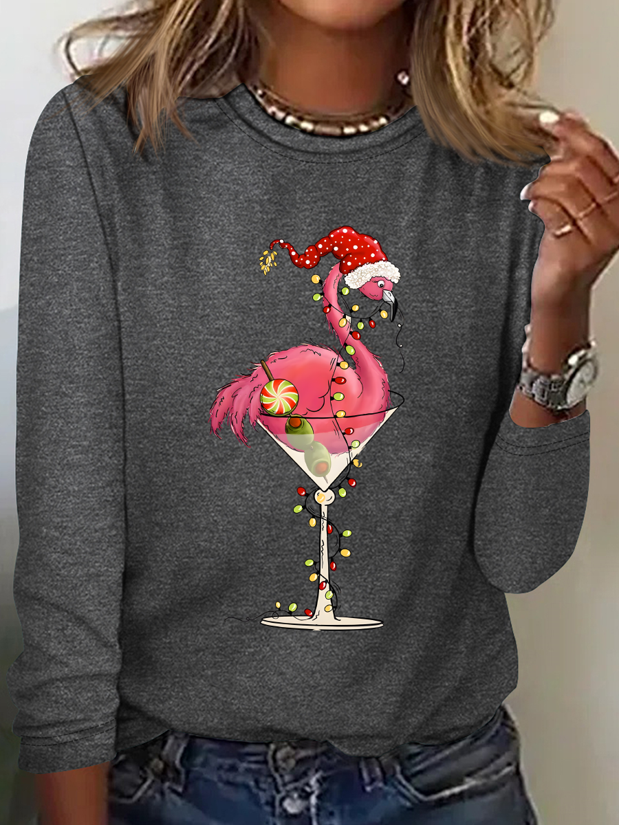 Crew Neck Long Sleeve Flamingo Regular Medium Elasticity Loose Blouse For Women