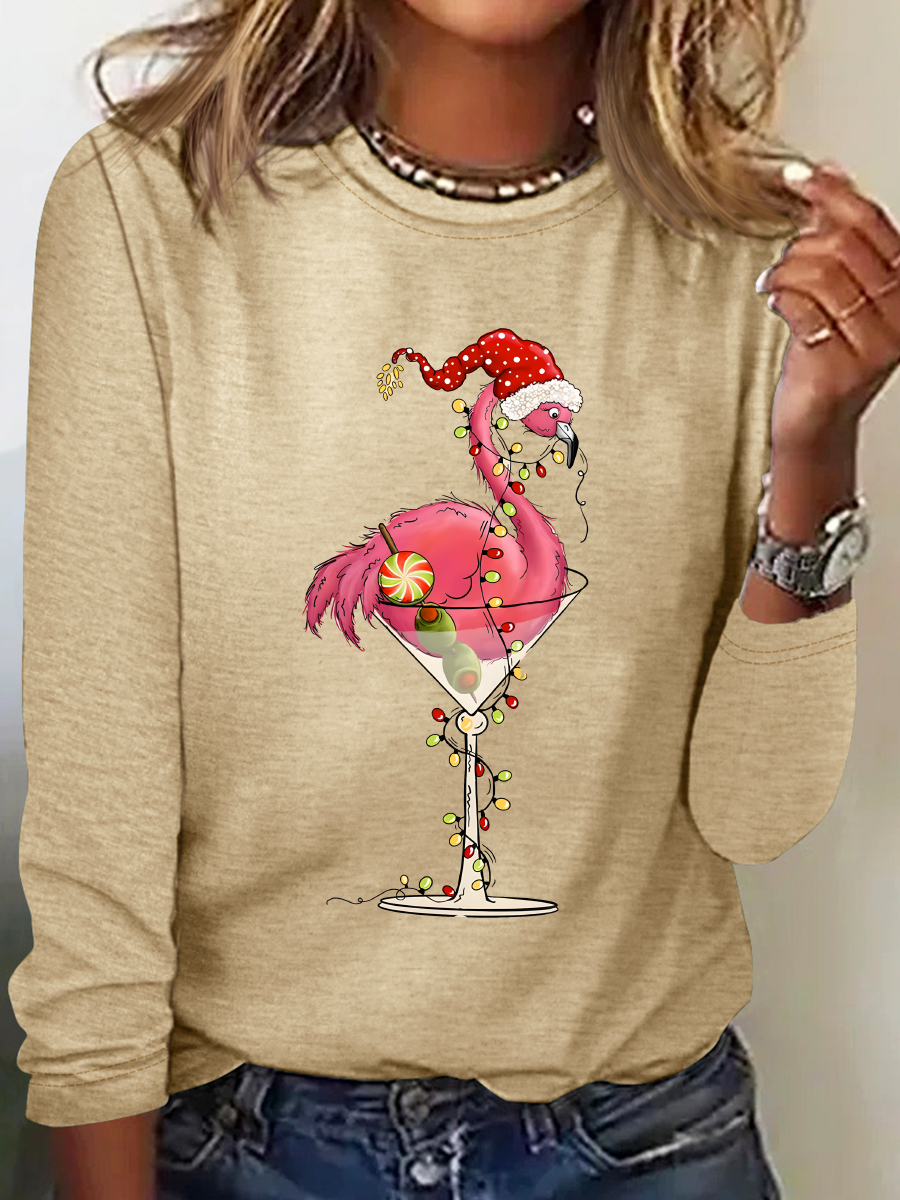 Crew Neck Long Sleeve Flamingo Regular Medium Elasticity Loose Blouse For Women