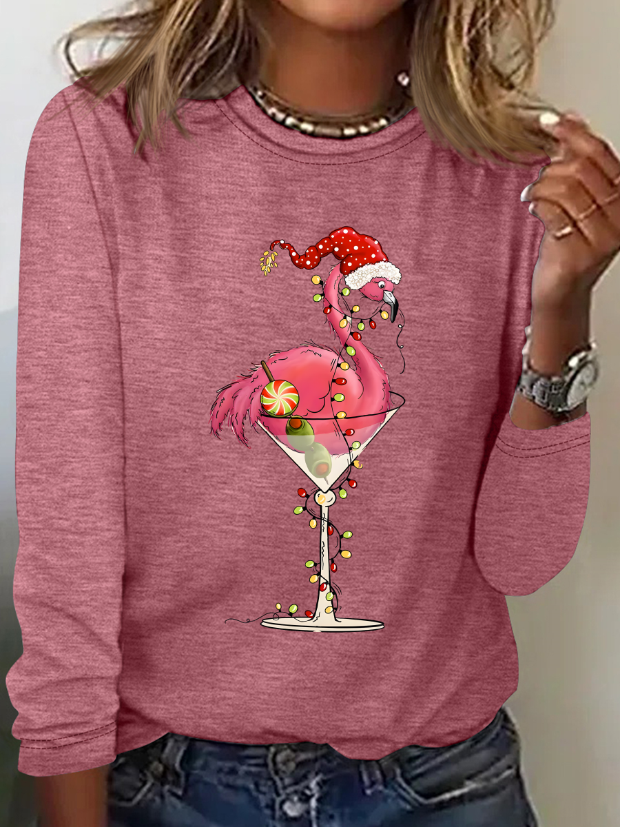 Crew Neck Long Sleeve Flamingo Regular Medium Elasticity Loose Blouse For Women