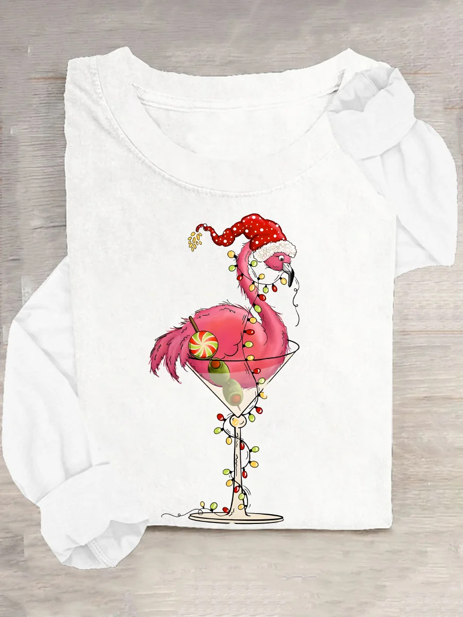 Crew Neck Long Sleeve Flamingo Regular Medium Elasticity Loose Blouse For Women