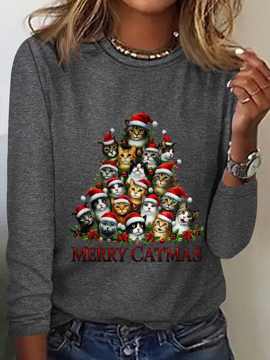 Crew Neck Long Sleeve Christmas Regular Medium Elasticity Loose Blouse For Women