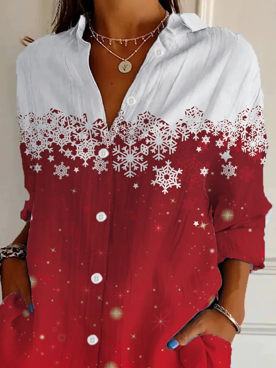 Shirt Collar Long Sleeve Christmas Regular Loose Shirt For Women